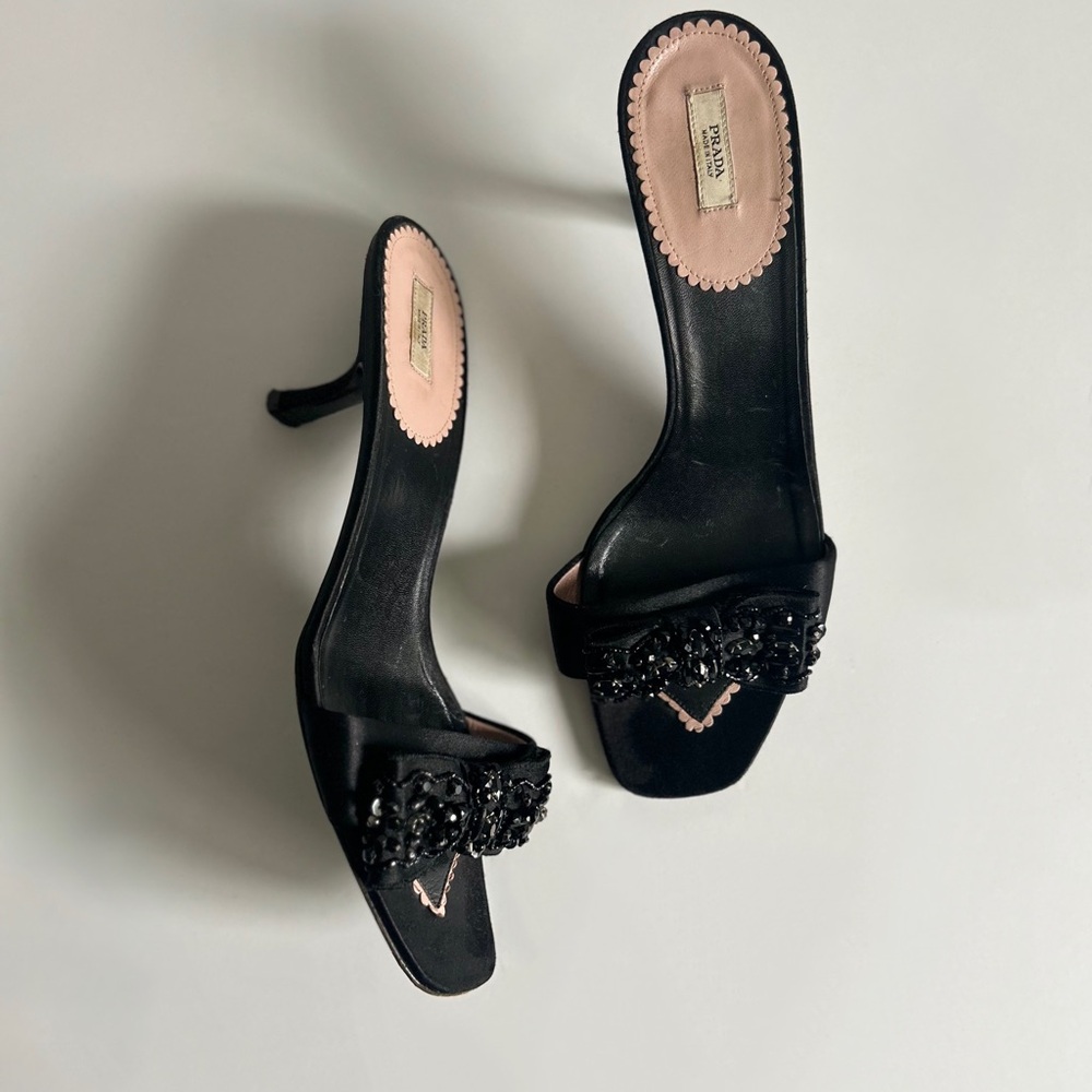 Vintage Prada Black Beaded Bow Slide Mule Kitten Heels Size  EU 39.5